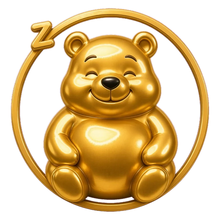 Snooze Bear, a gold bear, asleep